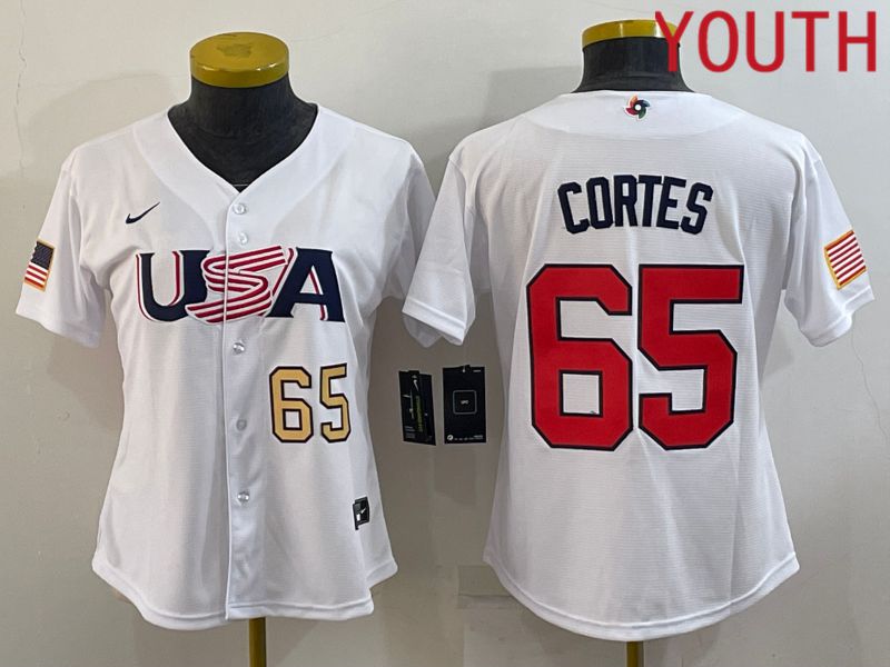 Youth 2023 World Cub USA #65 Cortes White MLB Jersey3